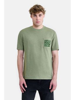 Snitch - Green Embroidered Crew Neck Casual T-Shirt