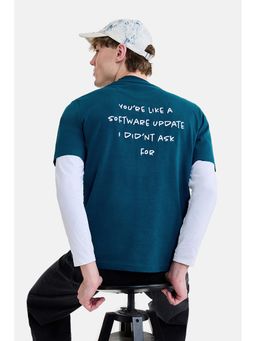Snitch - Teal Typography Crew Neck Casual T-Shirt