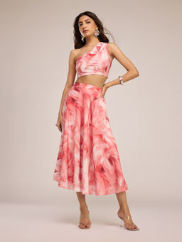RSVP by Nykaa Fashion - Pink Feather Print One Shoulder Crop Top and Flared Midi Skirt Co Ord Set