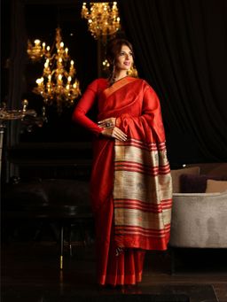 Beatitude - Red Handwoven Dupion Raw Silk Saree Beige Pallu with Unstitched Blouse
