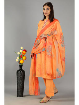 Barara Ethnic - Orange Printed Straight Kurta with Dupatta (Set of 3)