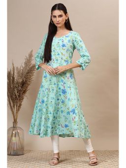 Aurelia - Women's Ice Green Floral Printed Cotton Anarkali Kurta