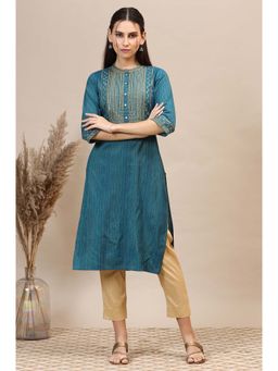 Aurelia - Women's Teal Lurex Striped Embroidered Straight Kurta
