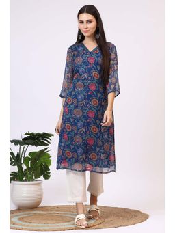 W - Blue Floral Printed Chiffon Straight Kurta