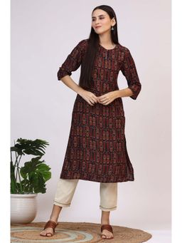 W - Dark Brown Paisley Printed Modal Straight Kurta