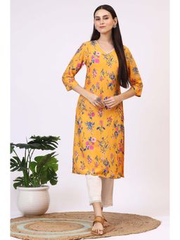 W - Yellow Floral Printed Modal Straight Kurta