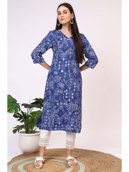 W - Blue Printed Rayon Straight Kurta