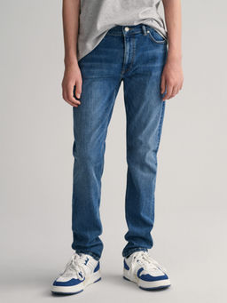 GANT - Boys Blue Washed Mid-Rise Slim Fit Jeans