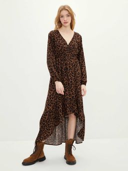 LC WAIKIKI - Women Animal Print Viscose Brown Dress