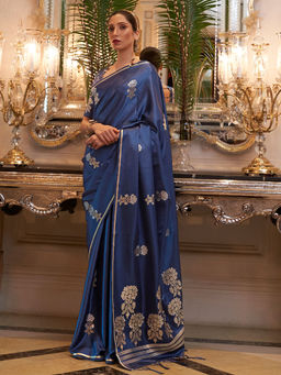 Odette - Festive Teal Satin Woven Saree with Unstitched Blouse