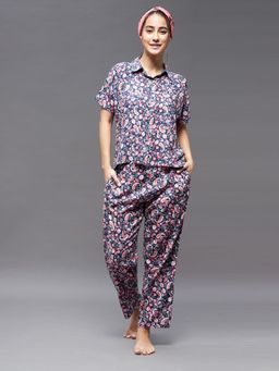 Miss Chase - Women Navy Blue & Pink Collar Neck Short Sleeve Printed Regular Top & Pajama Set