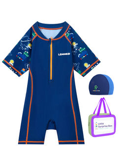 Little Surprise Box - Dark Blue Geometric Alligator Kids Swimwear with matching Swim Cap