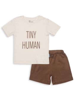 GJ Baby By Gini & Jony - Girls Beige Typography Cotton T-Shirt with Shorts (Set of 2)