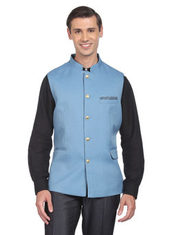 AD By Arvind - Men Blue Textured Tailored Regular Fit Nehru Jacket