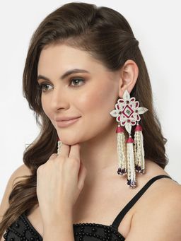 Moedbuille - Pearls CZ & Crystals Studded Handcrafted Floral Design Silver Plated Tassel Earrings