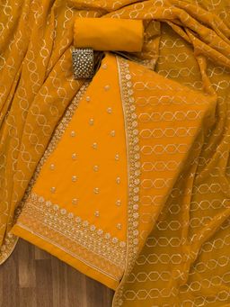 Koskii - Mustard Sequin Georgette Unstitched Salwar Suit (Set of Three)