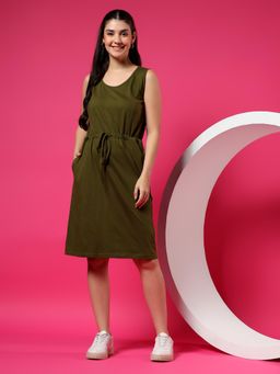 BRINNS - Womens Olive Waist Tie-Up Sleeveless Knee Length Dress