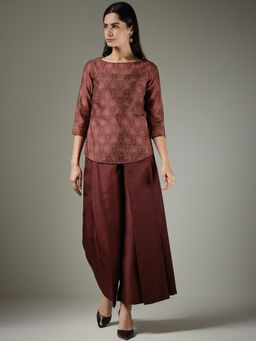 FableStreet - Printed Burgundy Silk Co-Ord Set