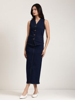 FableStreet - Navy Blue Denim Solid Co-Ord Set