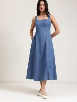 FableStreet - Solid Blue Denim Midi Dress