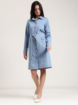 FableStreet - Womens Denim Light Blue Shirt Knee Length Belted Dress