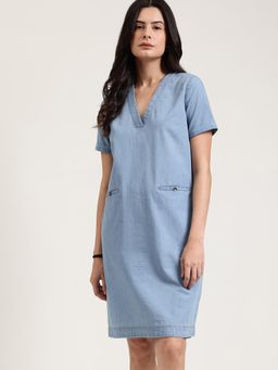 FableStreet - Womens Light Blue Denim V-Neck Knee Length Belted Dress