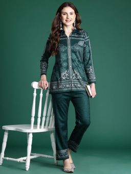 CAYMAN - Green Floral Print Collar Woollen Co-Ord Set