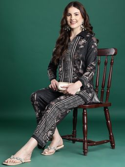 CAYMAN - Charcoal Floral Printed Collar Woollen Co-Ord Set