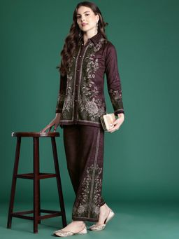 CAYMAN - Womens Burgundy Printed Collar Woollen Co-Ord Set