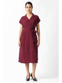 Van Heusen - Womens Maroon Solid Casual Belted Midi Dress