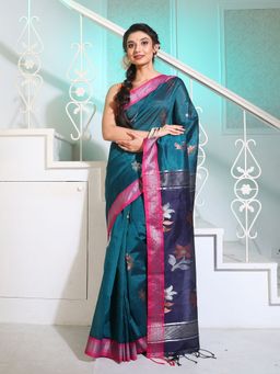 CHARUKRITI - Teal Silk Matka Saree with Motifs and Contrast Pallu with Unstitched Blouse
