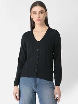 CRIMSOUNE CLUB - Women Navy Blue Self Design Cardigan