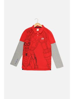 Peter England - Boys Red Comfortable Fit Printed Stylized Neck T-Shirt