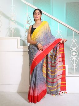 CHARUKRITI - Multi Color Cotton Handwoven Saree with Ikkat Design Unstitched Blouse