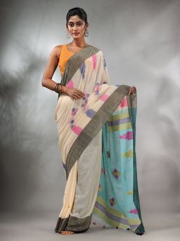 CHARUKRITI - Cream Cotton Handspun Handwoven Saree with Thread Work Unstitched Blouse
