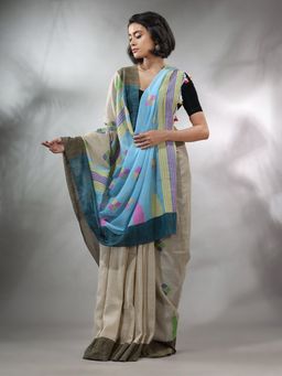CHARUKRITI - Beige Cotton Handspun Handwoven Saree with Thread Work Unstitched Blouse