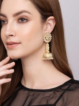 Indya - Gold Floral Textured Jhumka Earrings