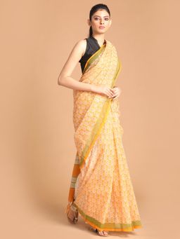 Indethnic - Yellow Printed Super Net Saree with Unstitched Blouse