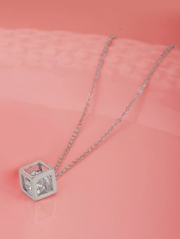 Carlton London - Silver-Toned Rhodium Plated Stone-Studded Cube Shaped Pendant with Chain