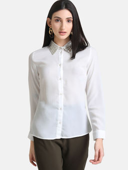 Kazo - White Solid Collar Embellished Shirt