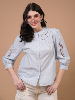 CRIMSOUNE CLUB - Women Blue Band Collar 100% Cotton Sheer Shirt