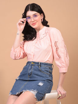 CRIMSOUNE CLUB - Women Pink Band Collar 100% Cotton Sheer Shirt