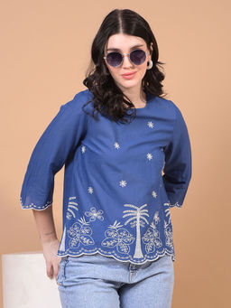 CRIMSOUNE CLUB - Women Blue Floral Print 100% Cotton Top