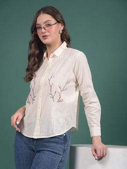 CRIMSOUNE CLUB - Women Cream Embroidered 100% Cotton Shirt