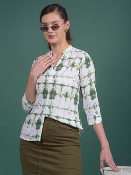 CRIMSOUNE CLUB - Women Green Printed Linen Mandarin Neck Shirt