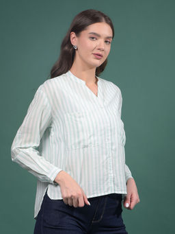 CRIMSOUNE CLUB - Women Green Vertical Stripes Mandarin Neck Shirt