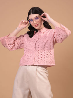 CRIMSOUNE CLUB - Women Pink Embroidered 100% Cotton Cropped Shirt