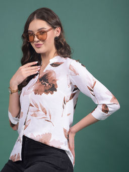CRIMSOUNE CLUB - Women White Floral Print Linen Mandarin Neck Shirt