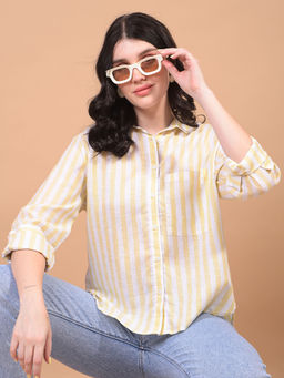 CRIMSOUNE CLUB - Women Yellow Vertical Stripes Linen Shirt