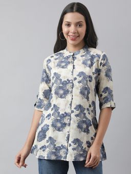 Divena - Cream Floral Printed Rayon A-Line Shirt Style Top